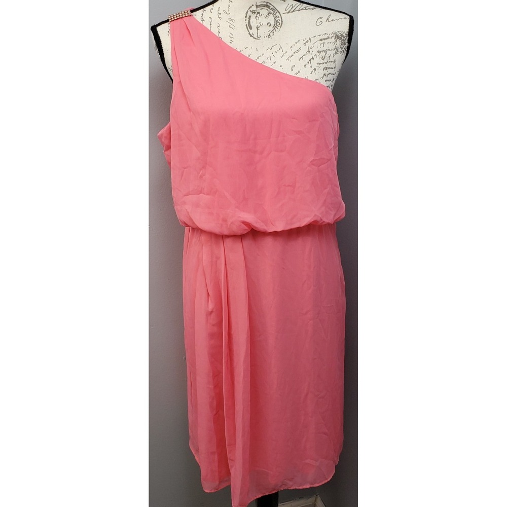 Adrianna Papell One Shoulder Cocktail Dress Womens 16 Pink Embellished Brooch